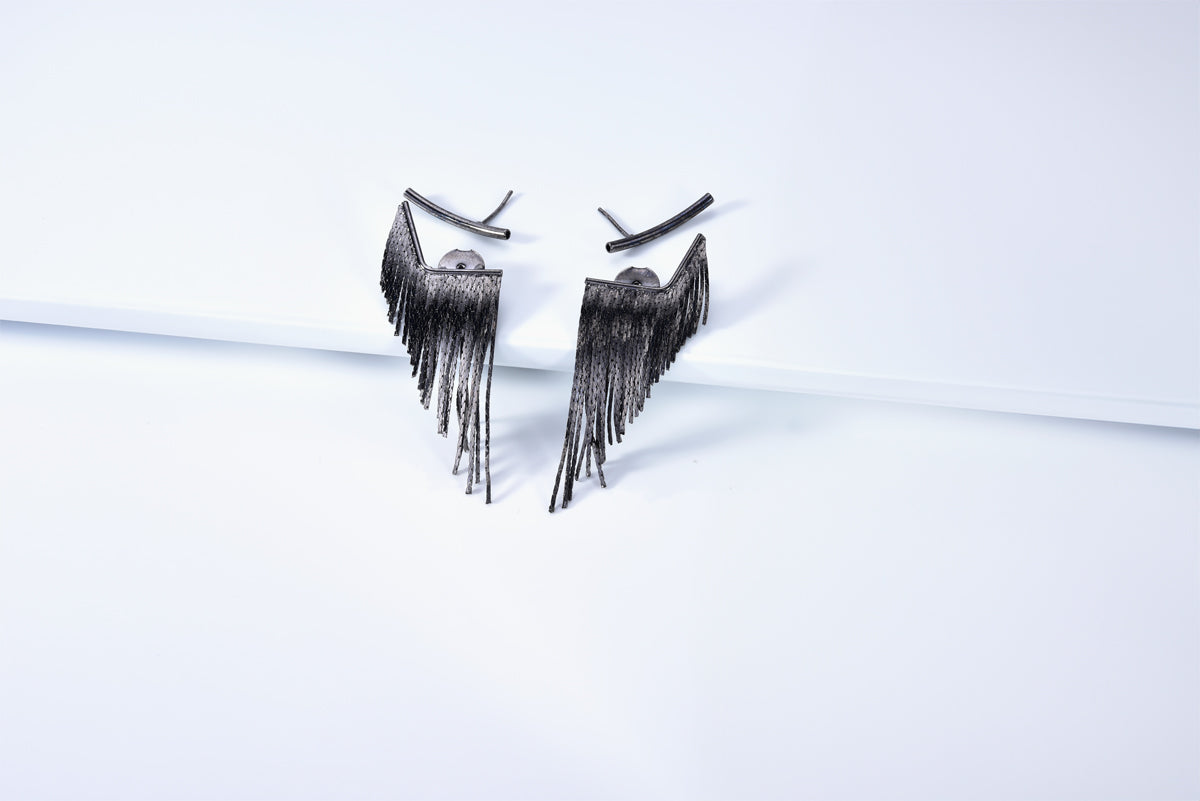 Tassel Fringe Earrings Short Gunmetal House 12 Accessories