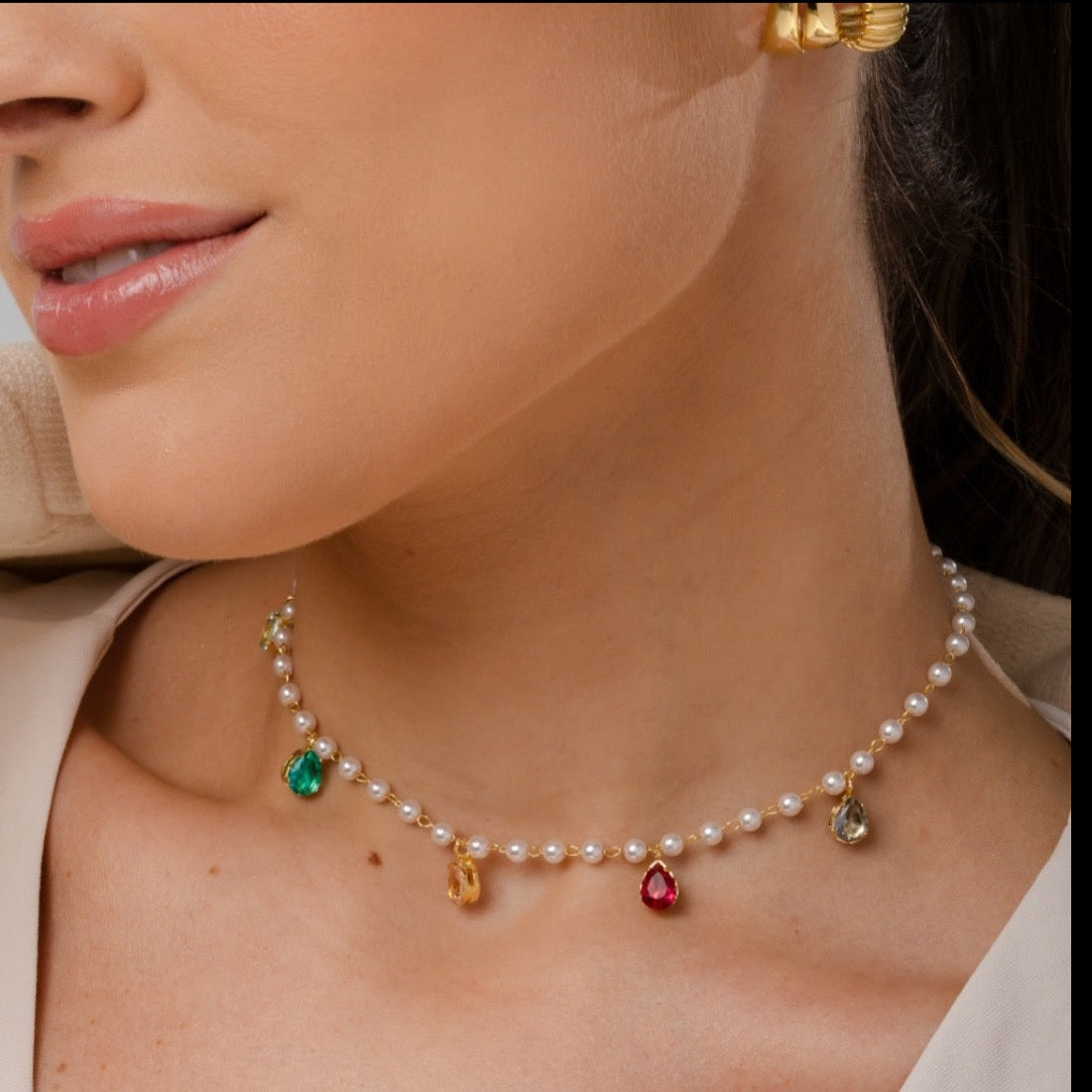 Pearl and colorful crystal necklace