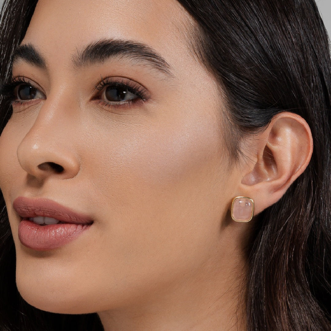 rose quartz golden earrings
